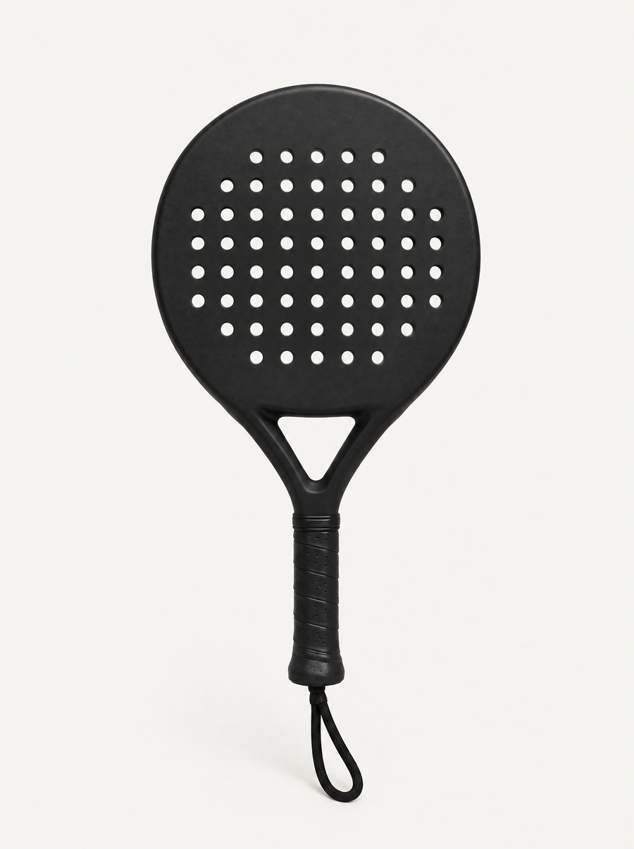 Plain black padel racket with a Round head, front view