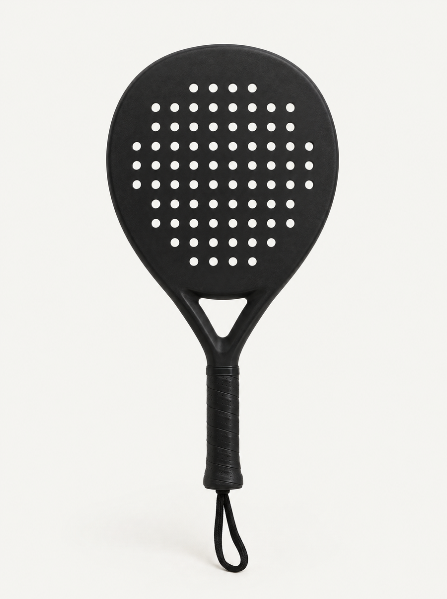 Plain black padel racket with a Teardrop head, front view