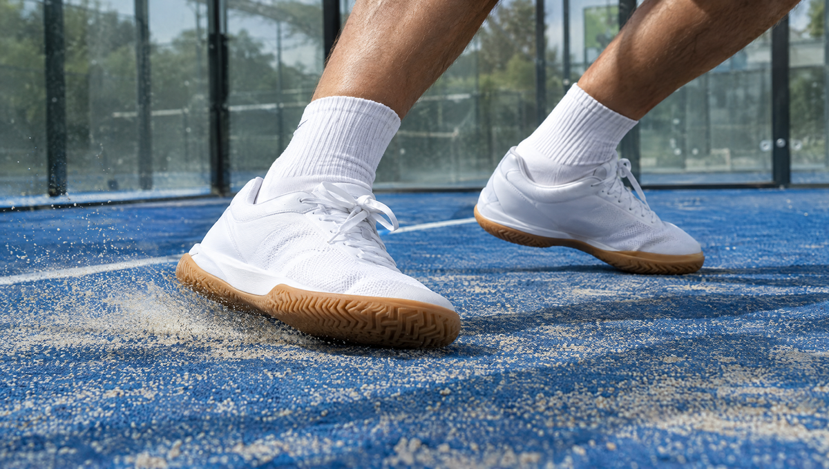 White court shoes with gum rubber soles sliding on the sand-filled artificial grass of a padel court