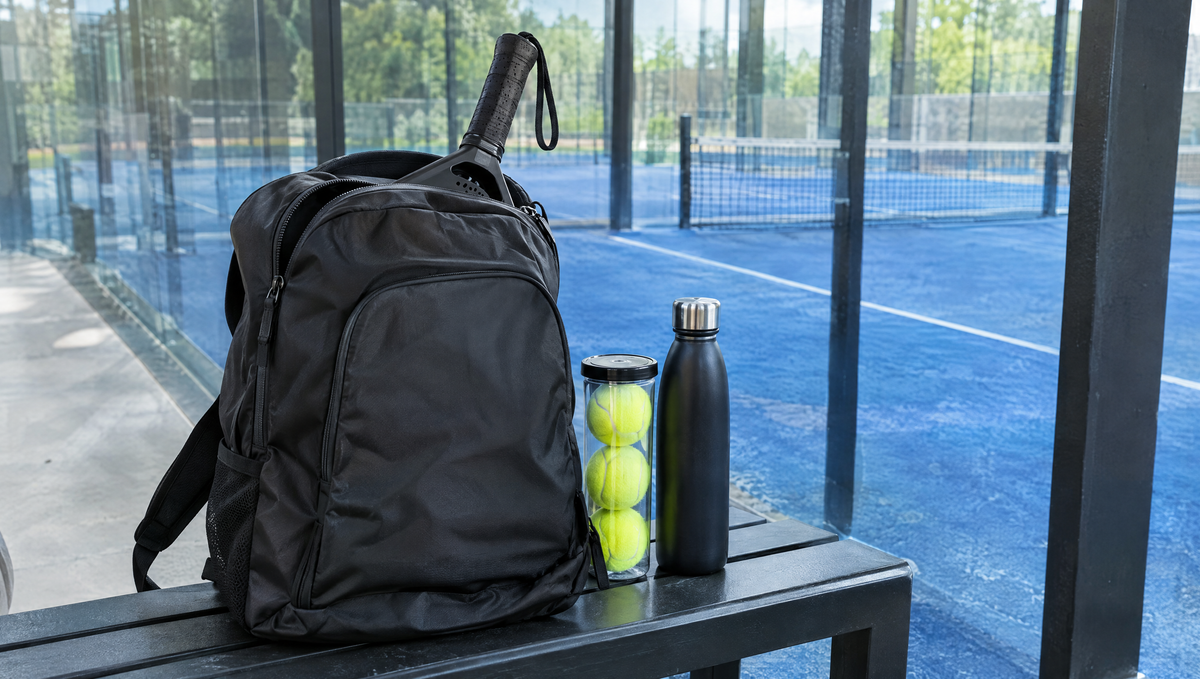 Black padel backpack with a racket in its top compartment on a bench beside a blue padel court