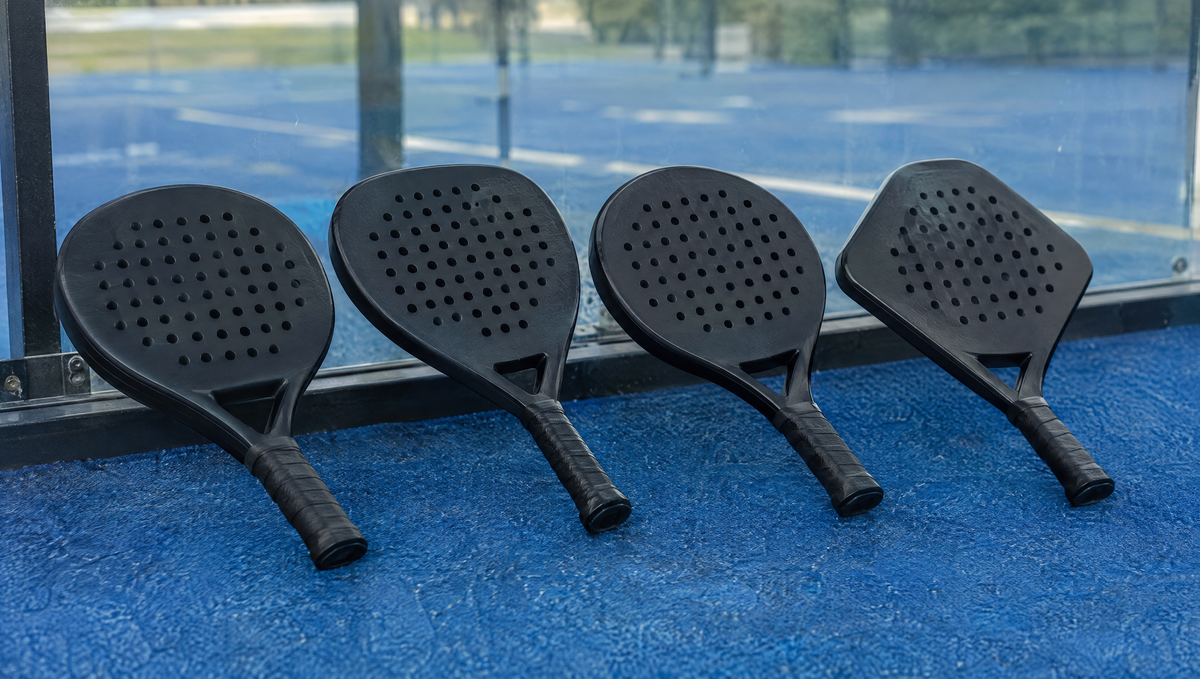 Round, teardrop and diamond padel rackets lined up against the glass wall of a blue padel court