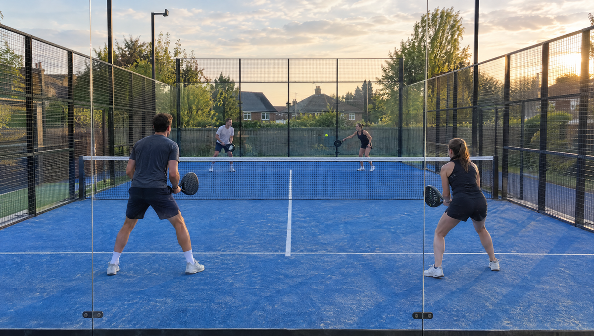 Four players in a doubles padel game on an outdoor blue court with glass walls at sunset