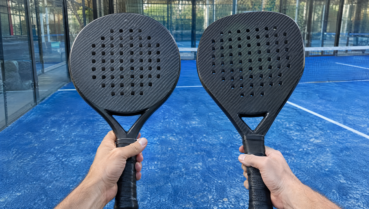 Hands holding a round and a diamond carbon padel racket side by side in front of a blue padel court