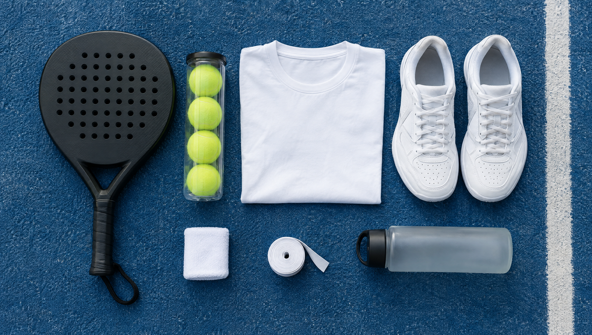 Padel starter kit laid out on a blue court: racket, tube of balls, t-shirt, court shoes, wristband, overgrip and bottle