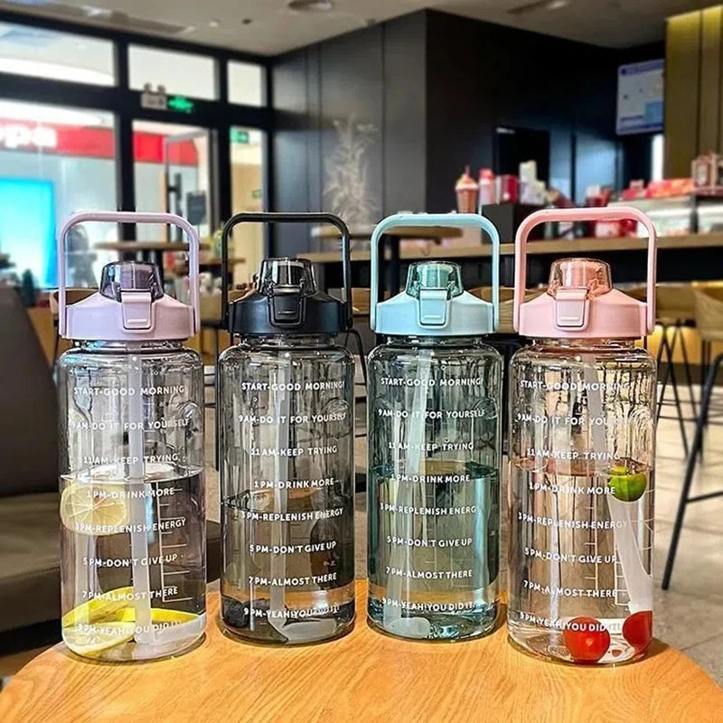 2L Motivational Water Bottle with Straw and Time Markings