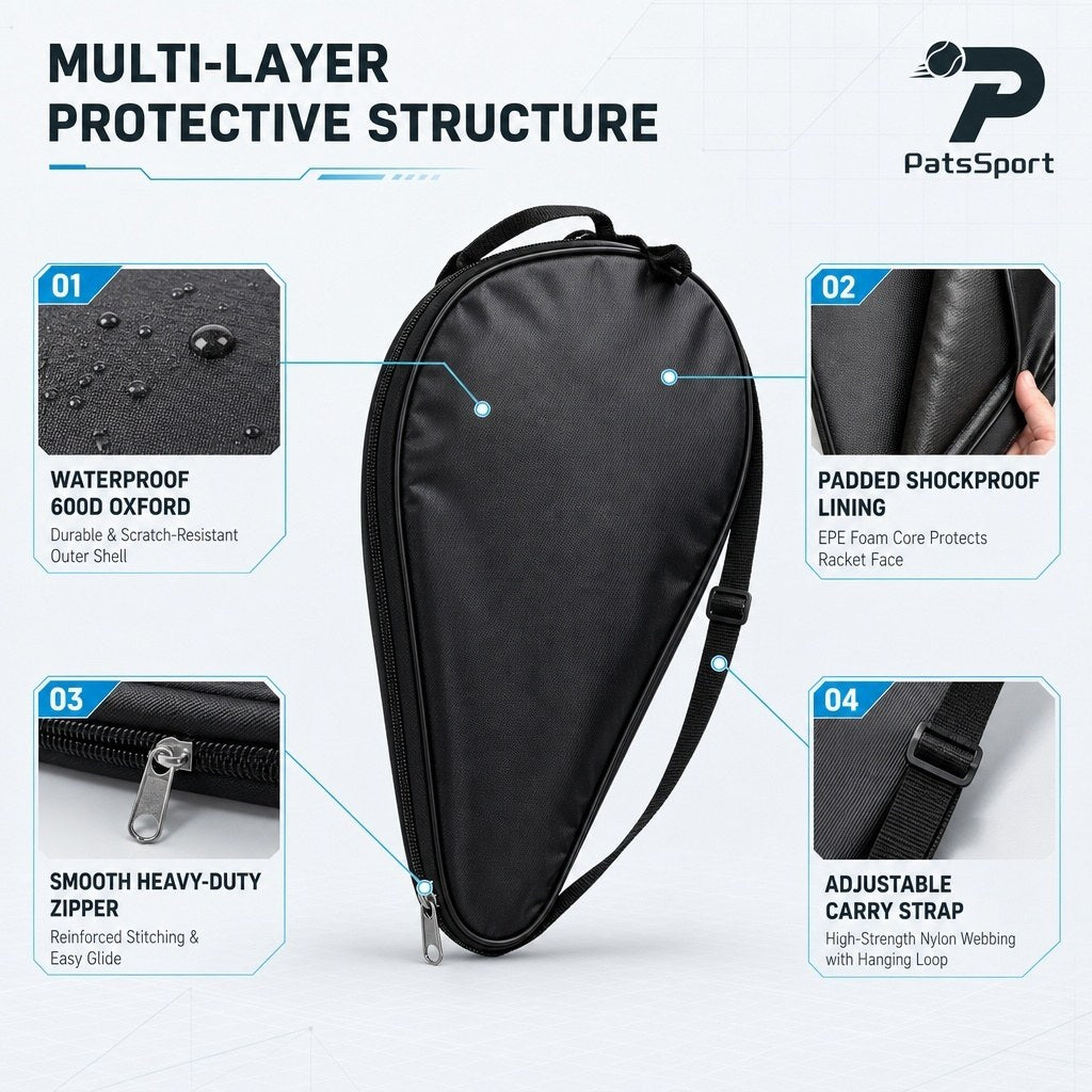 PatsSport Padded Padel Racket Cover with Shoulder Strap – Black