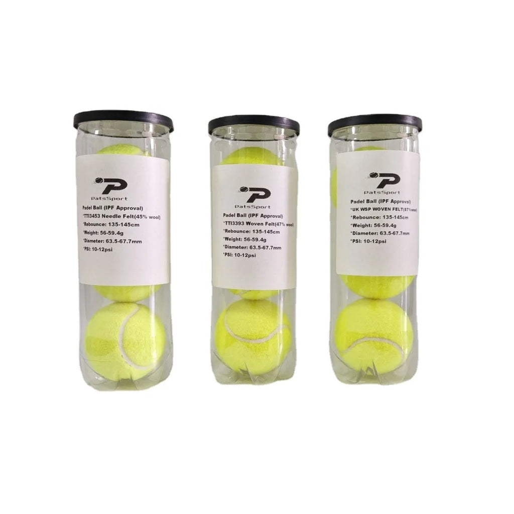 PatsSport Pressurised Padel Balls – Tube of 3, Choice of Wool Felt