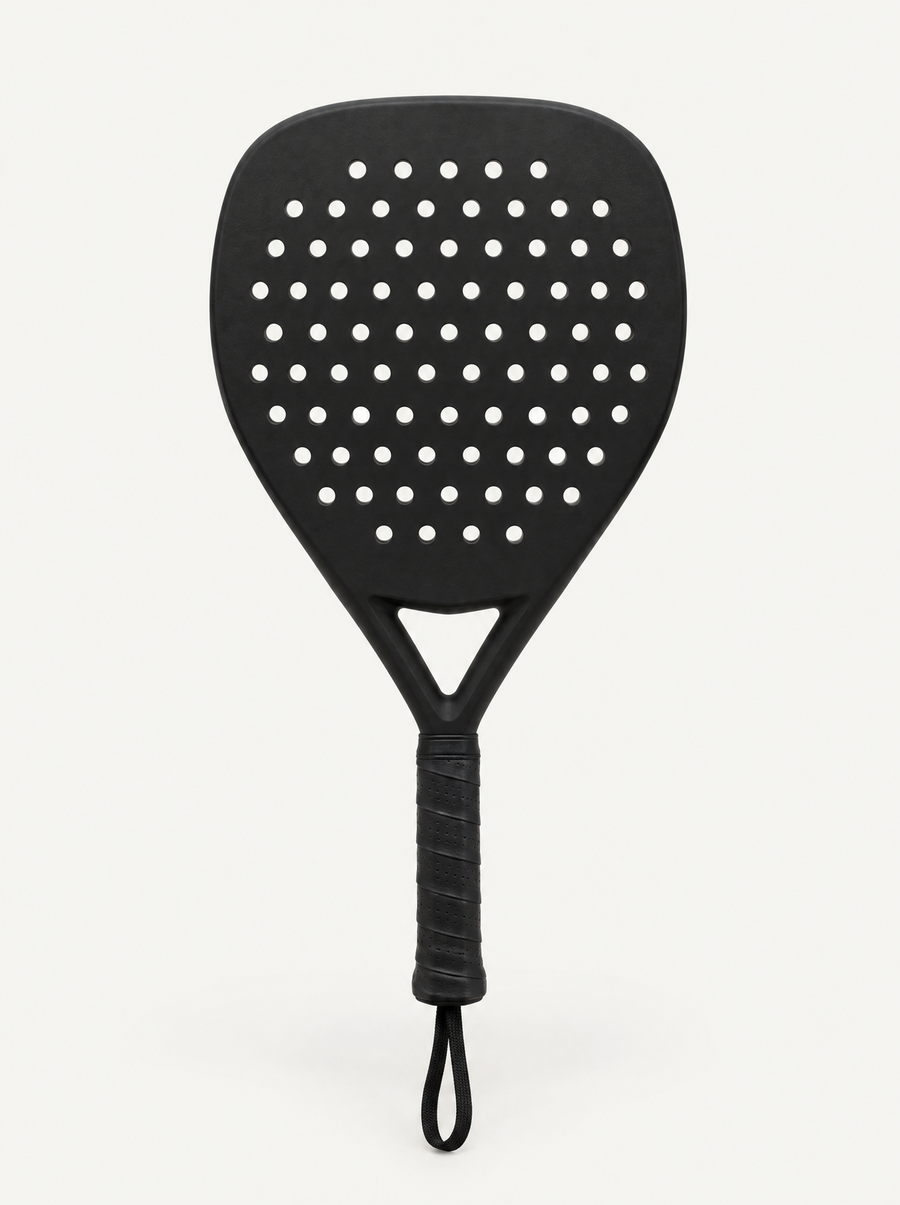 Plain black padel racket with a Diamond head, front view