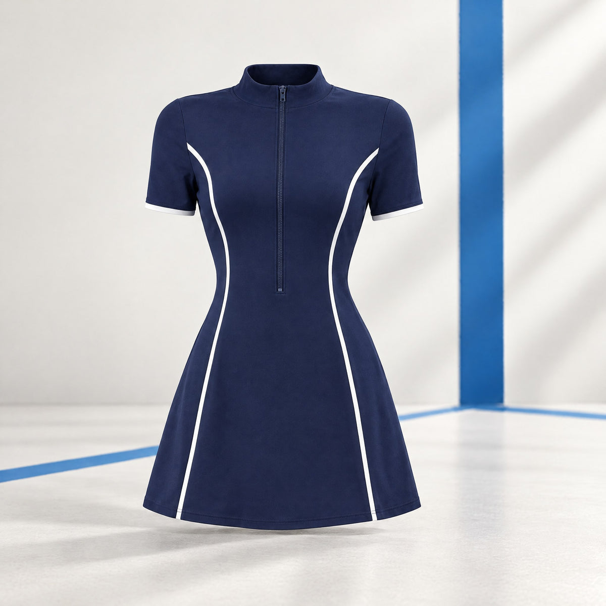 Women's Zip-Neck Padel Dress with Inner Shorts – Short Sleeves